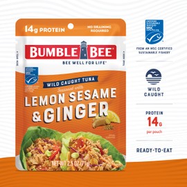 Bumble Bee Lemon Sesame & Ginger Seasoned Tuna Pouch - Wild Caught and Ready to Eat for Snack, Salad, Korean Tuna Bowl - 14g Protein per Serving - 2.5 oz Packet (Pack of 12)