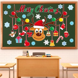 Christmas Bulletin Board Set Classroom Decorations Large Christmas Elk Cutouts Merry Christmas Wall Decals Xmas Elk Snowflakes Paper-Cuts for Christmas Party School Nursery Classroom Home Decor