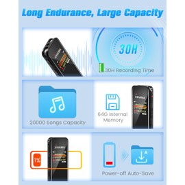 64GB Digital Voice Recorder with playback, A-B Repeat, Variable Speed Play, Voice Activated Recorder for Lectures, Recording Monitoring, Password Protection, Recording Device, Digital Audio Recorder