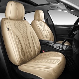 FEINEPRO Leather Car Seat Covers - Breathable Faux Leather Seat Covers Full Set for Cars SUV Sedan - Waterproof - Beige