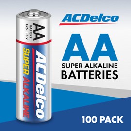 ACDelco 100-Count AA Batteries, Maximum Power Super Alkaline Battery, 10-Year Shelf Life, Recloseable Packaging