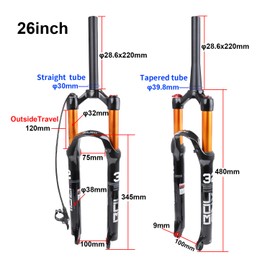 BOLANY Bike Suspension Fork MTB Bicycle Magnesium Alloy Suspension Front Fork 26/27.5/29 inch,120mm Straight Steerer and Tapered Steerer Air Fork (Manual Lockout - Remote Lockout)