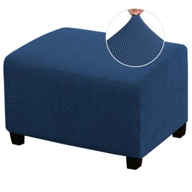 PrinceDeco Stretch Ottoman Cover Ottoman Slipcovers Rectangle for Living Room Foot Stool Stretch Covers to Fit Ottoman Foot Rest, Thick Checked Jacquard Fabric with Elastic Bottom (Large Size, Navy)