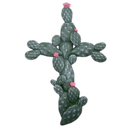 Cactus and Pink Flower Cross, Wall Hanging Decoration, Religious Gift, 11.75 Inch