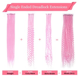 KRALER 24 Inch Mixed SE Dreadlock Extensions Sets, 3 in 1 20 Strands Synthetic Single Ended Dreads Extensions, Party Pink Hippie Dreads Style for Girls