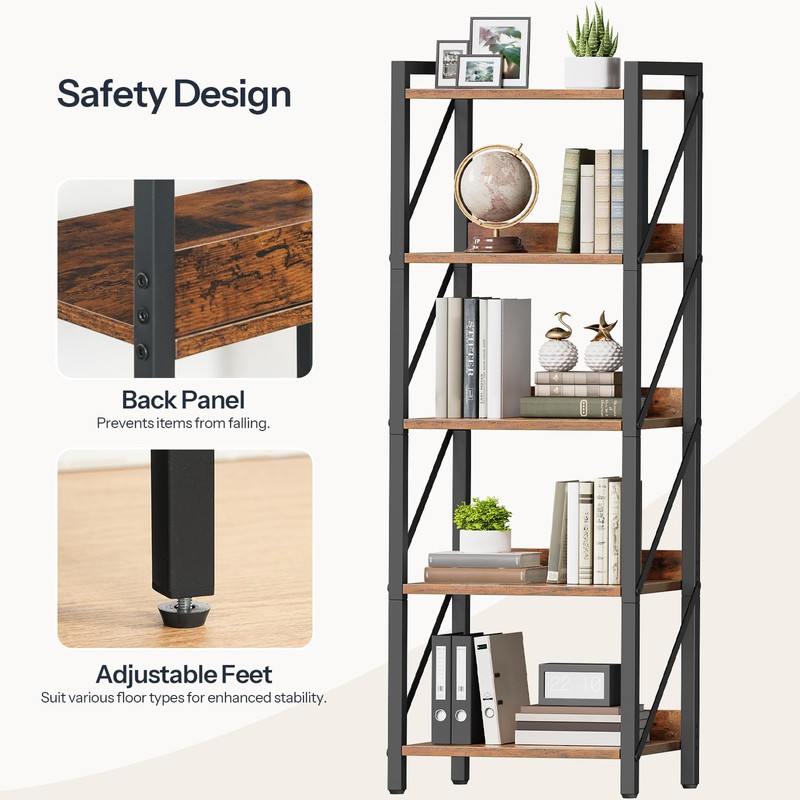 HOOBRO Bookshelf, 5-Tier Industrial Bookcase, Book Shelf Storage Organizer, Tall