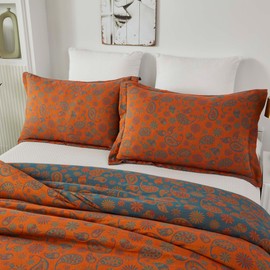 Softta Vintage Paisley Pattern Bedding Set Full Size 3Pcs Duvet Cover Set 100% Washed Cotton Double-Layer Yarn Washed Cotton Bedding Collection Blue & Orange