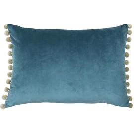 Riva Paoletti Fiesta Rectangular Cushion Cover - Duck Egg Blue - Natural Beige Pompom Edges - Faux Velvet - Reversible - Zip Closure - 100% Polyester - 35 x 50cm ( 14" x 20" inches)