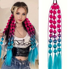 2 Packs Colored Braid Hair Extensions 24 Inch Hair Extensions Colorful Ponytail Extensions with Hair Ties Bubble Braiding Hair Extension for Women Girls Festival Rave Ombre Crazy Hair Day