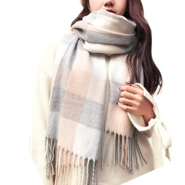 Mocasor Plaid Blanket Scarves for Women, Ladies Fashion Winter Warm Tartan Oversized Long Checked Shawls and Wraps (Beige Grey White)