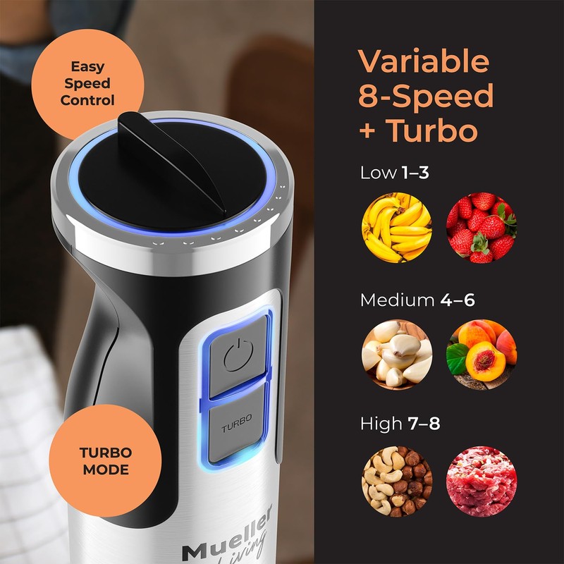 MuellerLiving Ultra-Stick Immersion Hand Blender, 500W Heavy Duty Motor, 8-Speed