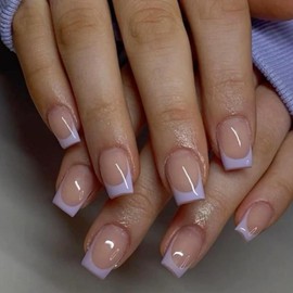 30 PCS Purple French Tip Press On Nails Short Square Fake Nails French Nails Press ons Acrylic Nails Glue on Nails Natural Short Square Nails False Nails for Women in 15 Sizes