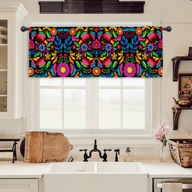 Miyotaa - Cortina de cocina mexicana para fiesta, 54 pulgadas de ancho x 18 pulgadas de alto, bolsillo para barra de cinco de mayo Dia de los Muertos, tratamiento de ventana de flores coloridas para