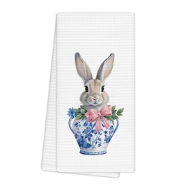 EGBTL Blue and White Chinoiserie Easter Bunny Kitchen Towels, Coquette Pink Bow Rabbit Easter Hand Towels for Bathroom Decor, Grand Millenial Decor Dishcloths Dish Towel for Kitchen 16x24 Inches