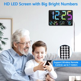 11.5 Inch LED Digital Wall Clock, Large Display with Remote Control, Digital Wall Clock with Date, Day of the Week, Temperature, Colour Numbers, 12/24H, Wall Clock Without Ticking Noises for Living