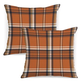 AOFANGGO Fall Plaid Pillow Covers 18x18 Set of 2 Orange Brown Buffalo Plaid Tartan Print Autumn Themed Decorative Throw Pillows Outdoor Pillowcase Square Linen Farmhouse Cushion