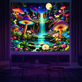Ine Ive Blacklight Fantasy Mushroom Forest Tapestry Aesthetic UV Reactive Waterfall Tapestries 60x51Inch Moon Night Wildflower Plant Landscape Black Light Poster Wall Hanging for Bedroom Home Decor