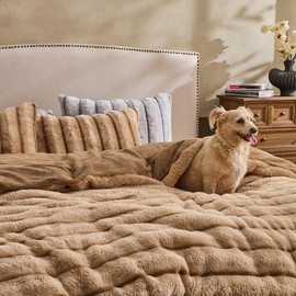 Gusuhome Fluffy Faux Rabbit Fur Comforter Cover Set King Size - Ultra Soft Cozy Plush Bedding Set - Luxury Striped Khaki Fuzzy Duvet Cover - 3PC(Duvet Cover *1 Pillow Shams*2) - Zipper Closure