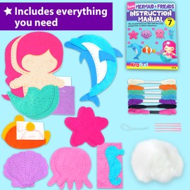 KRAFUN Kit da Cucito Sirene per Bambini 7+ Anni, 5 Bambole Peluche (Sirena, Delfino, Polpo), Feltro, Istruzioni, Scatola Riutilizzabile, Giocattolo Educativo