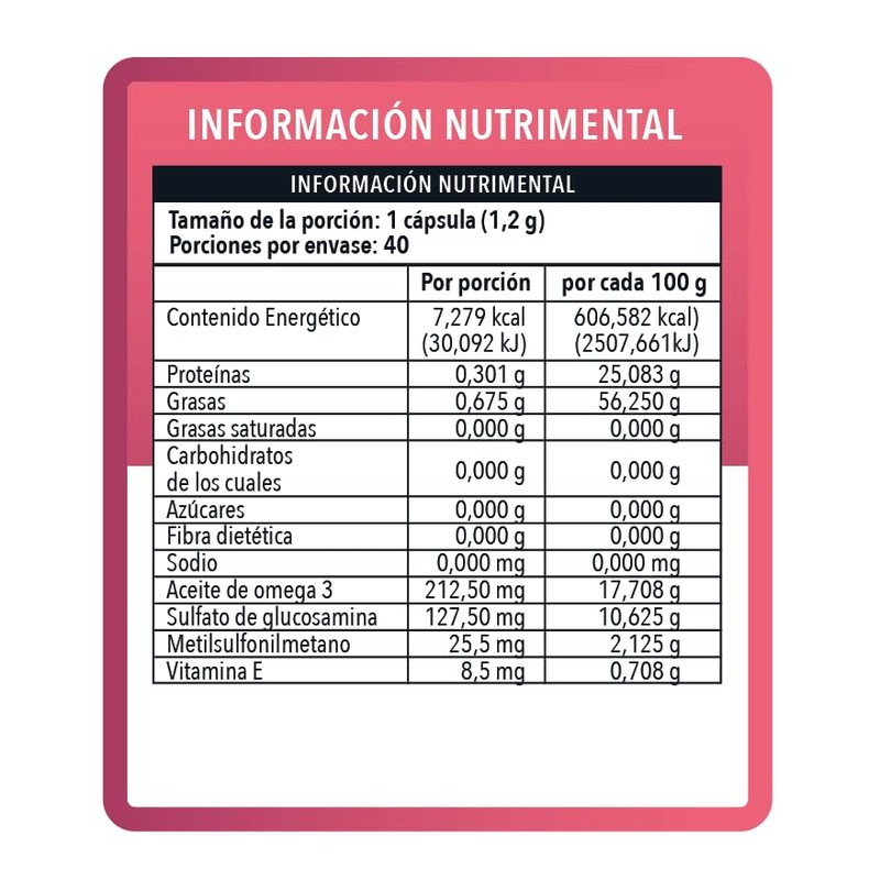 Glucosamina con Omega 3, 40 Cápsulas por Frasco, cápsula 1.2g