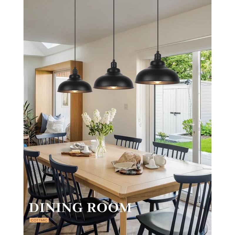COTTMIC Black Dome Pendant Light 3 Pack, Farmhouse Pendant Lights