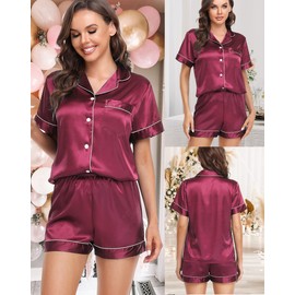 Vlazom Silk Pajamas Womens, Short Sleeve Satin Pajamas Set 2 Piece Pj Sets Button-Down Sleepwear Loungewear Pjs Shorts Set,A-Burgundy,L
