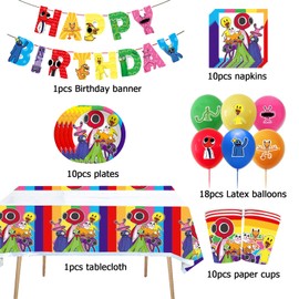 Dinoeye Birthday Decorations Balloons Banner Tablecloth Plates Cups Napkins - Red, Blue, Yellow Cartoon Theme Party Pack