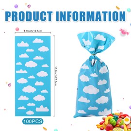 YQWIN 100Pcs Blue Sky White Clouds Cellophane Bags, Clouds Gift Bags, Cartoon Story Treat Candy Goodie Bags with Twist Ties Blue Sky Party Favor for Baby Shower, Boys Girls Birthday Decorations