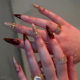 MISUD Press on Nails - Long Stiletto Glue on Nails with Fall Brown Amber, Acrylic Gold Chrome Design 24 pcs