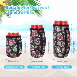 3 Pack Reusable Neoprene Insulated Can Sleeve with Handle for Soda, Energy drink, Pop, Beer, Hard Seltzer, Can Coosies For 12oz & 16oz Can, 12oz Slim can (Floral Sugar Skull(3Pack))