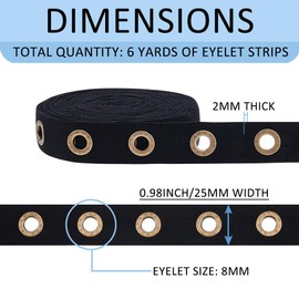 BENECREAT 6 Yards 1 inch Wide Black Cotton Grommet Eyelet Twill Tape Trim, 8mm Antique Bronze Metal Eyelet Ring Ribbon Strip for Sewing Crafts Making
