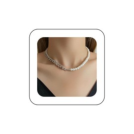 Yienate Pearl Strand Necklace Choker Silver Cuban Chain Asymmetrical Pearl Necklace Vintage Chunky Link Chain Baroque Faux Pearl Choker Statement Beads Charm Necklace Jewellery for Women Girls, Metal,