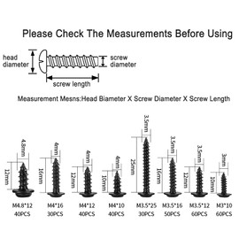 350 Pcs Self Tapping Wood Screws, M3 M3.5 M4 M8 Carbon Steel Cross Pan Round Head Screws, Black Self Drilling Countersunk Head Machine Fastener Screws Assortment Kit - 10mm/12mm/16mm/25mm