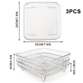 Pack of 3 Air Fryer Racks, Stainless Steel Air Fryer Basket Tray 3 Layers Stackable Dehydrator Racks for Air Fryer Oven Baking Roasting (Square)