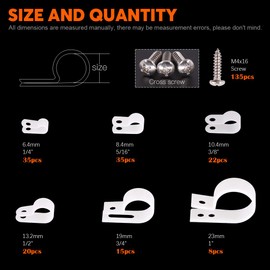 Rustark 132 pieces white and black lacquer nylon R-type cable clamp, 6 sizes different clips, mounting set comes with 132 pieces 304 stainless steel screws for wire management, white