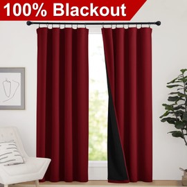 NICETOWN 100% Blackout Curtains with Black Liner Backing, Thermal Insulated Panels for Living Room, Noise Reducing Drapes, Burgundy Red, 52 inches Wide x 84 inches Long Per Panel, Set of 2