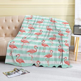 coedoaes Cute Flamingo Fleece Blanket,50x60in,Pink Watercolor Flamingos Aqua White Striped Throw Blankets,Soft Cozy Lightweight, Ideal for Bed Living Room Home Beach Summer Lovers Decor,Gifts