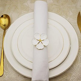 lyrlody Servilleteros con Flores, Anillos para Servilletas Florales Dorados Set de 6 Piezas con Flores Blancas, para Decoración de Mesa Bodas Cenas y Fiestas
