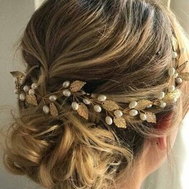 Prosy Headband Bridal Wedding Hair Vine with Leaves and Pearls Headpiece for Bride Hair Accessories for Women and Girls Gold