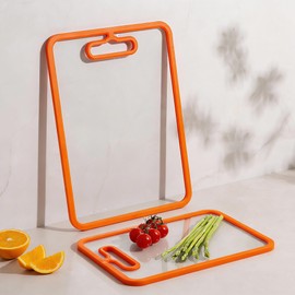 FYCTIO Glass Cutting Board for Kitchen, 2Pcs Tempered Glass Chopping Board with Non-Slip Edges, Dishwasher Safe Clear Cutting Board Set, Heat & Shatter Resistant, Orange 15"×11"& 13"×9"