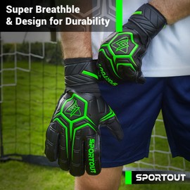 SPORTOUT Goalkeeper Gloves, Football Gloves, Goalkeeper Gloves with Fingersave, Goalie Gloves, Breathable Football Goalkeeping Gloves, 4mm Latex, for Kids Youth and Adult (Green, 8)