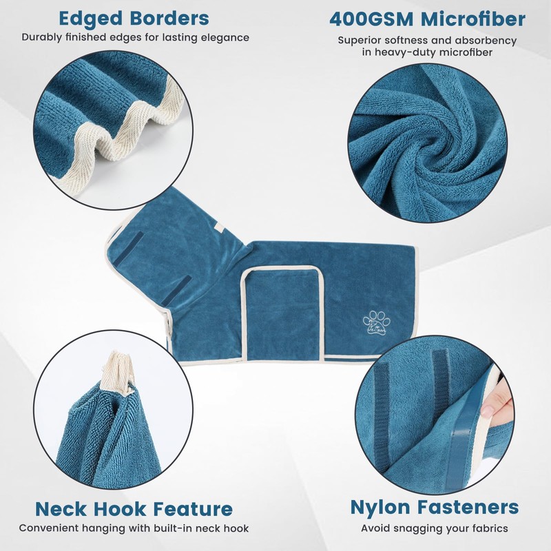 PETTOM Dog Drying Robe, 400gsm Microfiber Super Absorbent, Adjustable Coat