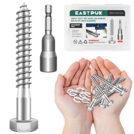 EASTPUK (12Sets) 5/16 Bolt, 5/16" x 2-1/2" Hex Head Lag Bolts, Heavy Duty Lag Screws with Washers, 304 Stainless Steel 18-8, 5/16 Bolt for Wood, Partial Thread