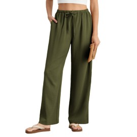 Feiersi Women's Casual Pants Drawstring Elastic Waist Pants Flowy Wide Leg Beach Trousers with Pockets(Army Green,Medium)