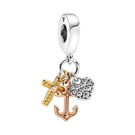 MariaFonte Charm Pendant Compatible with All Brands Bracelets Necklaces Anchor Cross Original Offer Silver 925 Birthday Anniversary Mum Compatible Lucky Charm Heart Family Christmas, Silver