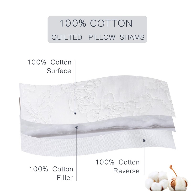 White Quilted Euro Shams Set of 2 Cotton Floral Large