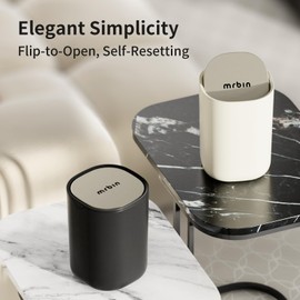 MRBIN Desk Mini Car Trash Can, 0.4 Gallon Table Top Plastic Waste Basket with Stainless Steel Lid, Small Garbage Bin for Bedroom, Coffee Bar, Vehicle Cup Holder, Vanity Countertop, Black