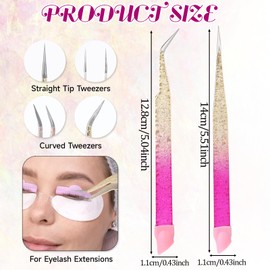 2 Pcs Straight and Curved Tip Tweezers Nail Art Tweezers Double Ended Nail Art Tweezers with Silicone Pressing Head Stainless Steel Tweezers for Eyelash Extensions and Nail Art Sticker Craft
