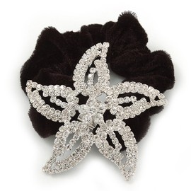 Large Rhodium Plated Diamante 'Star' Pony Tail Black Hair Scrunchie - Clea