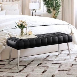 LUE BONA 44.5” End of Bed Bench, Leather Tufted Upholstered Bedroom Bench, Modern Ottoman Bench with Metal Legs Storage for Living Room, Entryway, Dining Room, 300LB, Black
